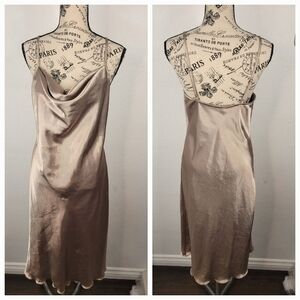 Bebe Midi Slip Dress Medium Satin Scoop Neck Satin Tan